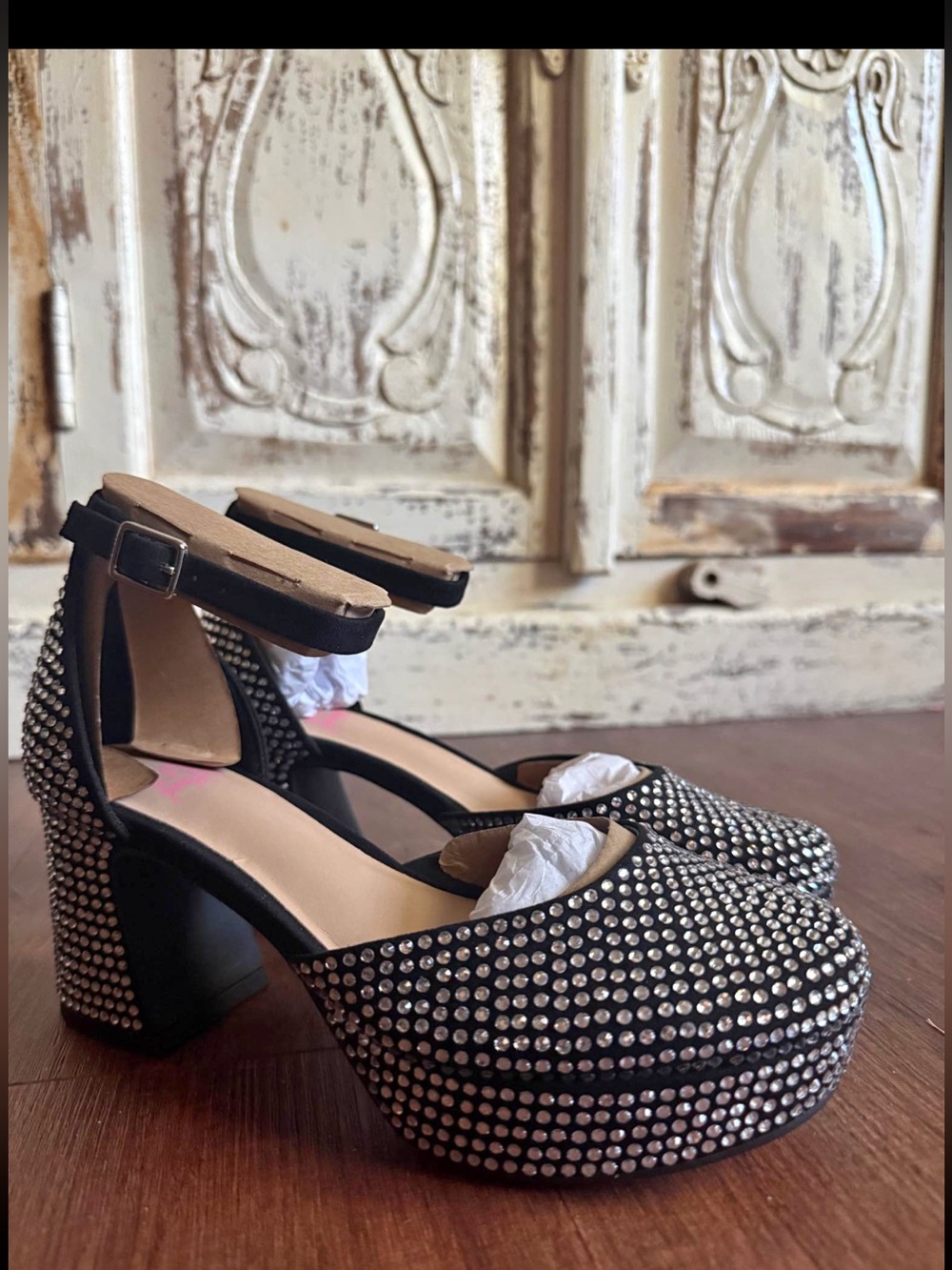 GB Girls Rhys2-Girl Rhinestone Platform Ankle Strap Heels Black/Silver Size 10M